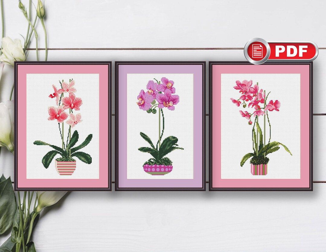 Set of 3 Orchids Cross Stitch Pattern, Orchid Patterns, Flowers Cross