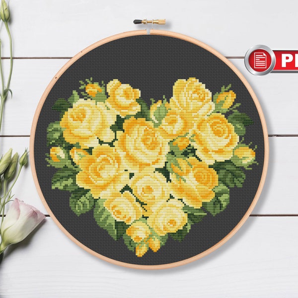 Heart of Yellow Roses Cross Stitch Patterns, Happy Valentines Day Cross Stitch, Valentines Gift Patterns, Valentines xStitch #lov.005