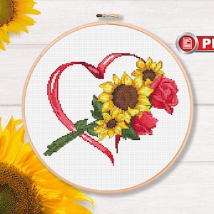 Heart Sunflowers Cross Stitch Pattern, Bouquet Cross Stitch Patterns, Flowers Cross Stitch Pattern, Summer Cross Stitch Pattern #lov.042