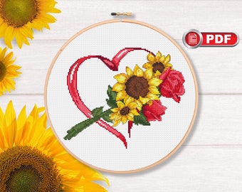Heart Sunflowers Cross Stitch Pattern, Bouquet Cross Stitch Patterns, Flowers Cross Stitch Pattern, Summer Cross Stitch Pattern #lov.042