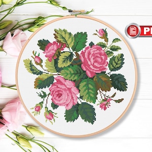 Pink Roses Cross Stitch Patterns, Bouquet Cross Stitch Patterns, Flowers Cross Stitch Pattern, Lilies Cross Stitch Pattern #fl.047