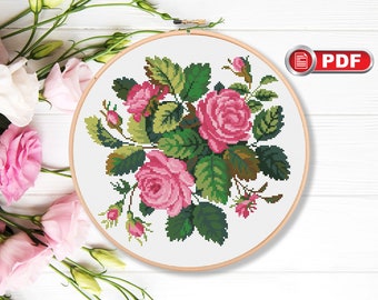 Pink Roses Cross Stitch Patterns, Bouquet Cross Stitch Patterns, Flowers Cross Stitch Pattern, Lilies Cross Stitch Pattern #fl.047