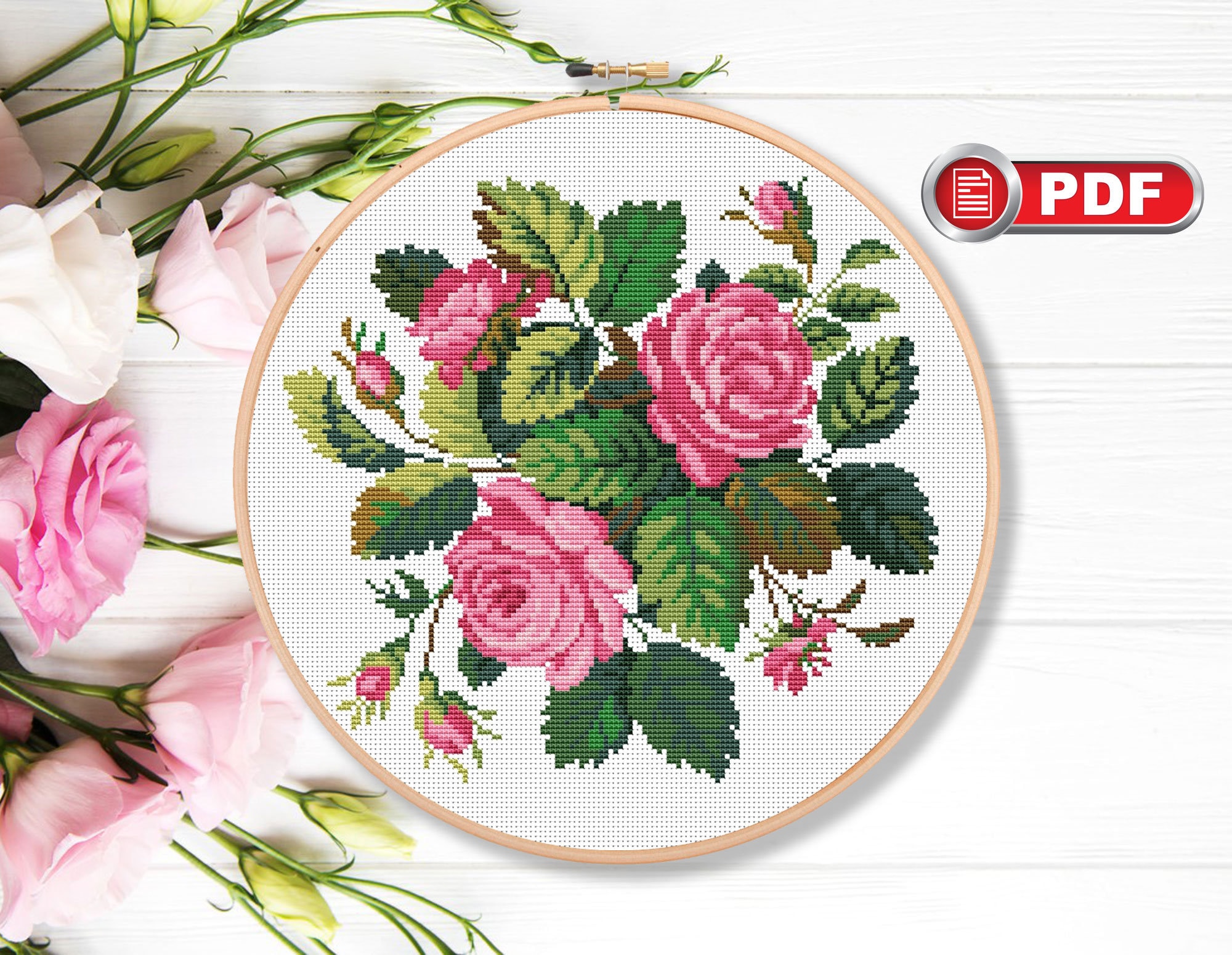 Pink Roses Cross Stitch Patterns, Bouquet Cross Stitch