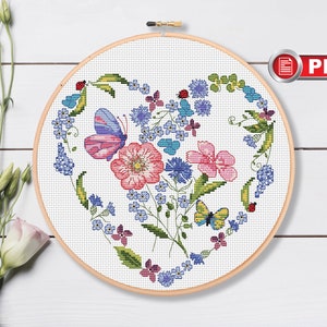 Flowers Heart Cross Stitch Patterns, Summer Cross Stitch Patterns, Nature Cross Stitch Patterns, Valentines Day, Love Patterns #lov.001