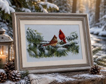 Winter Cardinals Cross Stitch Pattern, Christmas Birds Embroidery, Cardinal Bird in Snow, Winter Cross Stitch PDF, Holiday Pattern #anm.003
