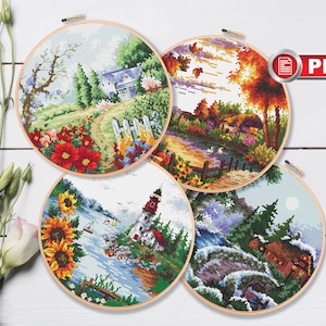 Set of 4 Seasons Cross Stitch Patterns, Landscape Cross Stitch Patterns, Nature Cross Stitch Patterns, Landscape Patterns #nat.007
