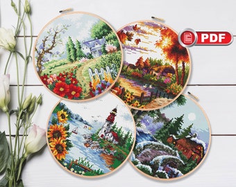 Set of 4 Seasons Cross Stitch Patterns, Landscape Cross Stitch Patterns, Nature Cross Stitch Patterns, Landscape Patterns #nat.007