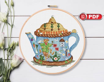 Patrón de punto de cruz de tetera pintada, patrón de punto de cruz de cocina, punto de cruz de la hora del té, patrón de punto de cruz de té, decoración de cocina #kt.035