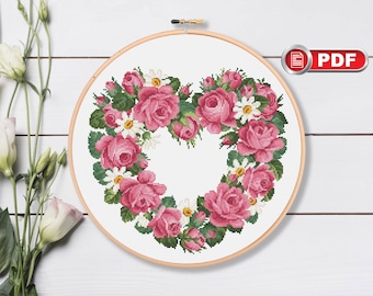 Heart of Pink Roses Cross Stitch Patterns, Happy Valentines Day Cross Stitch, Valentines Gift Patterns, Valentines xStitch #lov.013