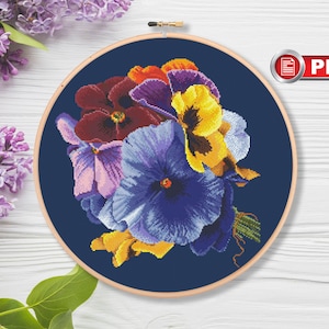 Patrón de punto de cruz de pensamientos vintage, patrón de punto de cruz de flores, punto de cruz salvaje, punto de cruz de verano, pensamiento púrpura #fl.108