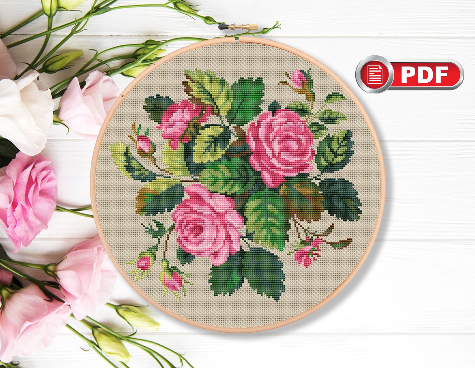 Pink Roses Cross Stitch Patterns, Bouquet Cross Stitch