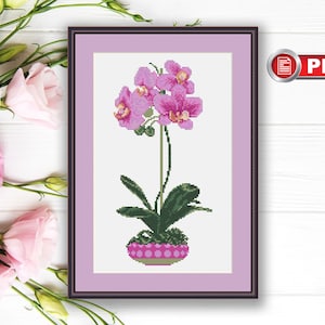 Könnte beinhalten: Kreuzstichmuster mit einer pinkfarbenen Orchideenpflanze in einem pinkfarbenen und weißen Tupfentopf. Das Muster ist in einem braunen Rahmen mit einer hellvioletten Passepartout gerahmt.