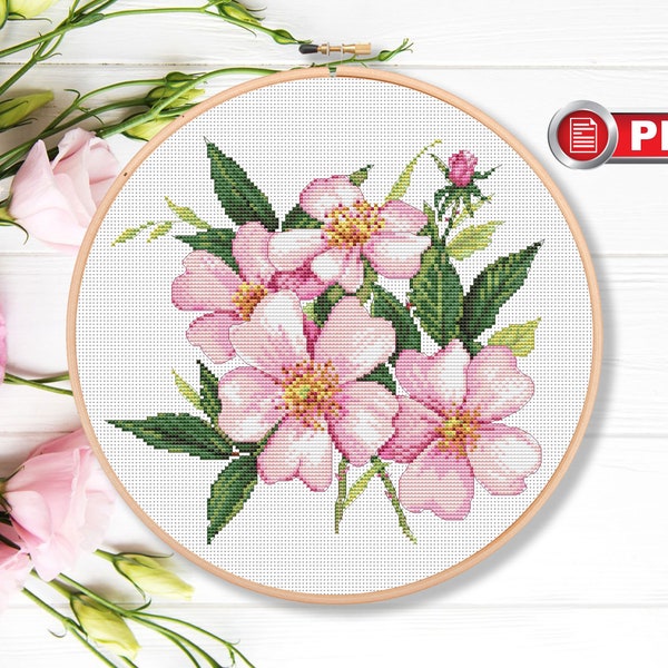 Pink Wild Roses Cross Stitch Patterns, Flowers Cross Stitch Patterns, Wild Cross Stitch, Summer Cross Stitch Patterns #fl.022