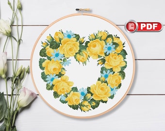 Heart of Yellow Roses Cross Stitch Patterns, Happy Valentines Day Cross Stitch, Valentines Gift Patterns, Valentines xStitch #lov.015