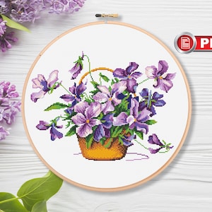 Bloemen in mand kruissteekpatronen, boeket kruissteekpatronen, paarse bloemen, bloemen kruissteek, zomer kruissteek #fl.075