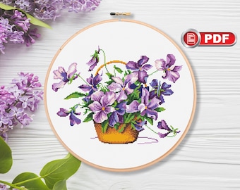 Flowers In Basket Cross Stitch Patterns, Bouquet Cross Stitch Patterns, Purple Flowers, Flowers Cross Stitch, Summer Cross Stitch #fl.075