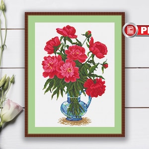 Peonies Cross Stitch Pattern, Bouquet Cross Stitch Pattern, Summer Cross Stitch Pattern, Peony Pattern, Flowers Cross Stitch  #fl.066