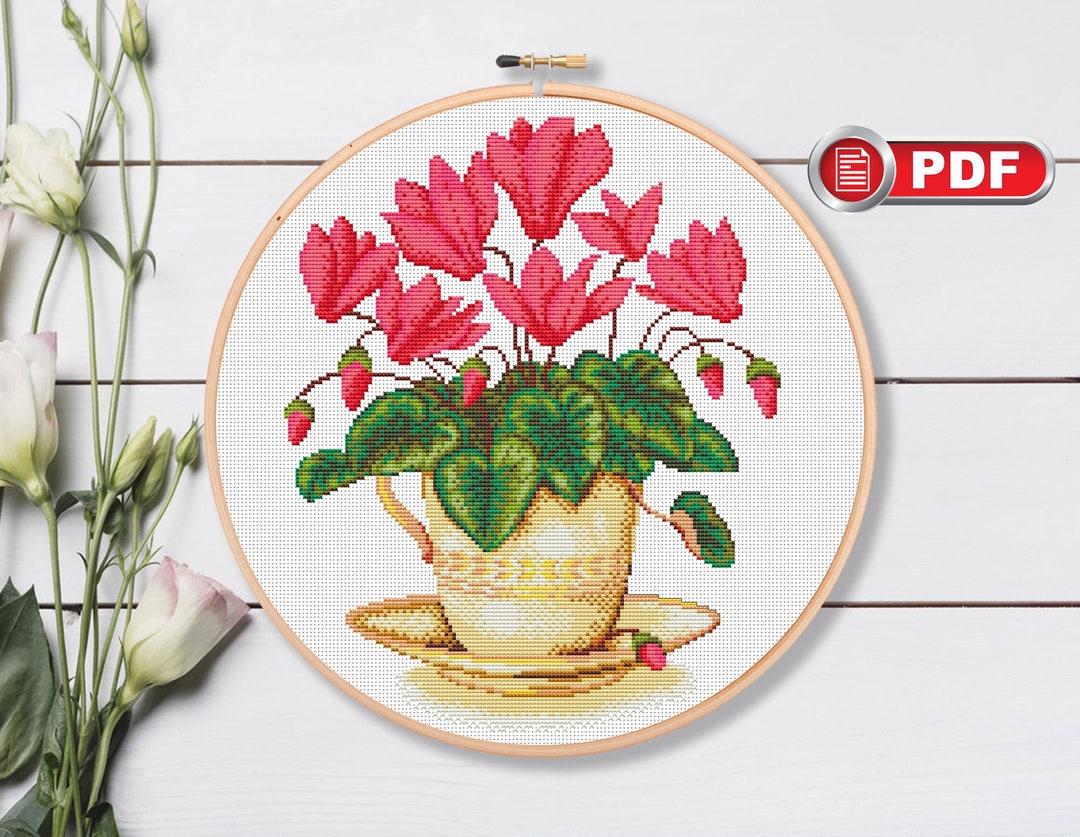 Red Flowers in A Cup Cross Stitch, Flowers Cross Stitch Pattern