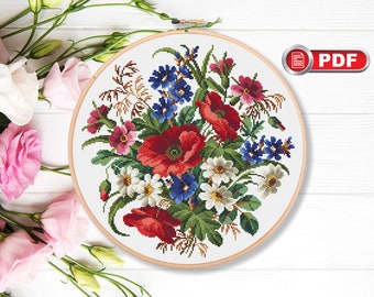 Summer Bouquet Cross Stitch Patterns, Peony Cross Stitch Patterns, Summer Cross Stitch Pattern, Flowers Cross Stitch Pattern #fl.043