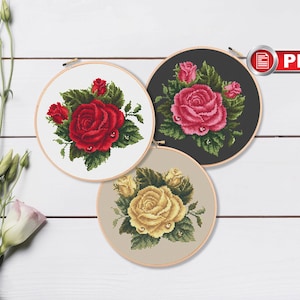 Set of 3 Roses Cross Stitch Patterns, Bouquet Cross Stitch Pattern, Flowers Cross Stitch Pattern, Modern Cross Stitch Pattern #fl.174