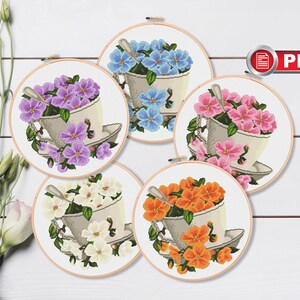 Set van 5 bloemen in een kopje kruissteek, bloemen kruissteek patroon, keuken kruissteek patronen, kerstcadeau, bloemen patroon #fl.061
