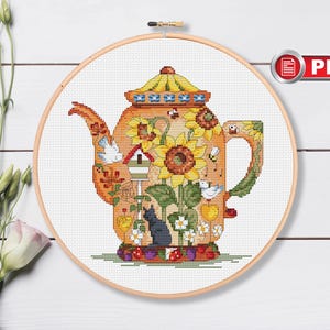 Painted Teapot Cross Stitch Pattern, Kitchen Cross Stitch Pattern, Tea Time Cross Stitch, Tea Cross Stitch Pattern, Kitchen Decor #kt.036