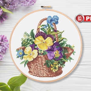 Viooltjes in een mand kruissteekpatroon, bloemen kruissteekpatroon, wilde kruissteek, zomerkruissteekpatroon, zomerdecor #fl.089
