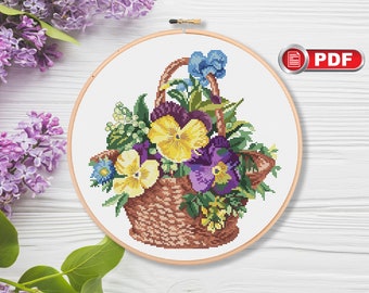 Pansies In A Basket Cross Stitch Pattern, Flowers Cross Stitch Pattern, Wild Cross Stitch, Summer Cross Stitch Pattern, Summer Decor #fl.089