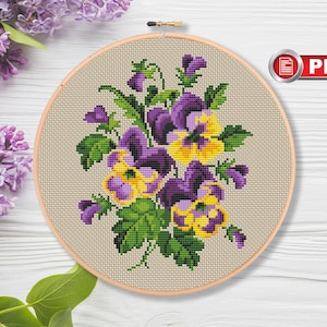 Vintage Pansy Cross Stitch Pattern, Flowers Cross Stitch Pattern, Wild Cross Stitch, Summer Cross Stitch Pattern, Purple Pansy #fl.090