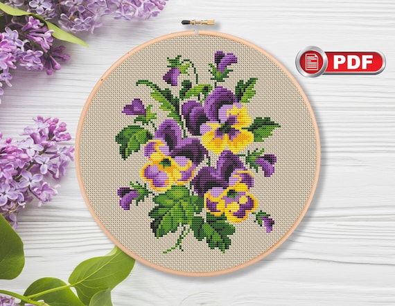 Pensée vintage motif point de croix, fleurs motif point de croix