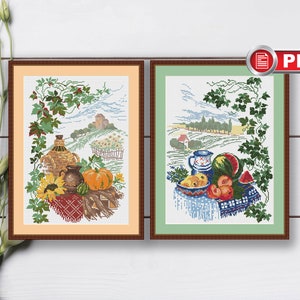 Set of 2 Harvest Cross Stitch Pattern, Vegetables Cross Stitch Pattern, Still Life of Berries Cross Stitch, Fruits Cross Stitch #kt.026