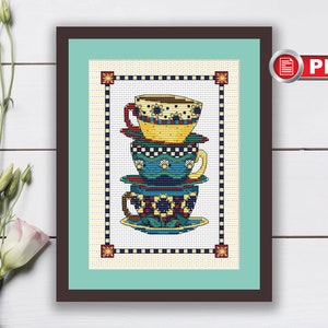 May include: A stack of four colourful teacups with floral and geometric patterns, each with a saucer. The cups are stacked on top of each other, with the largest cup at the bottom and the smallest cup at the top. The cups are all different colours, including blue, yellow, green, and red.