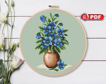 Blue Flowers cross-stitch kit on Aida 16 count canvas
