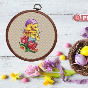 Little Chick With Tulip Cross Stitch Pattern, Easter Chick Cross Stitch, Easter Gift, Easter Decoration, Easter Cross Stitch #eas.006