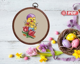 Little Chick With Tulip Cross Stitch Pattern, Easter Chick Cross Stitch, Easter Gift, Easter Decoration, Easter Cross Stitch #eas.006