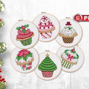 Conjunto de padrões de ponto cruz de cupcake de Natal, padrões de ponto cruz de Feliz Natal, padrões de enfeites de Natal, decoração de casa # mch.021