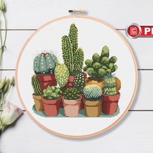 Patrones de punto de cruz de cactus, patrones de punto de cruz de cactus, patrones de punto de cruz de plantas en macetas, patrón de punto de cruz de flores #fl.001