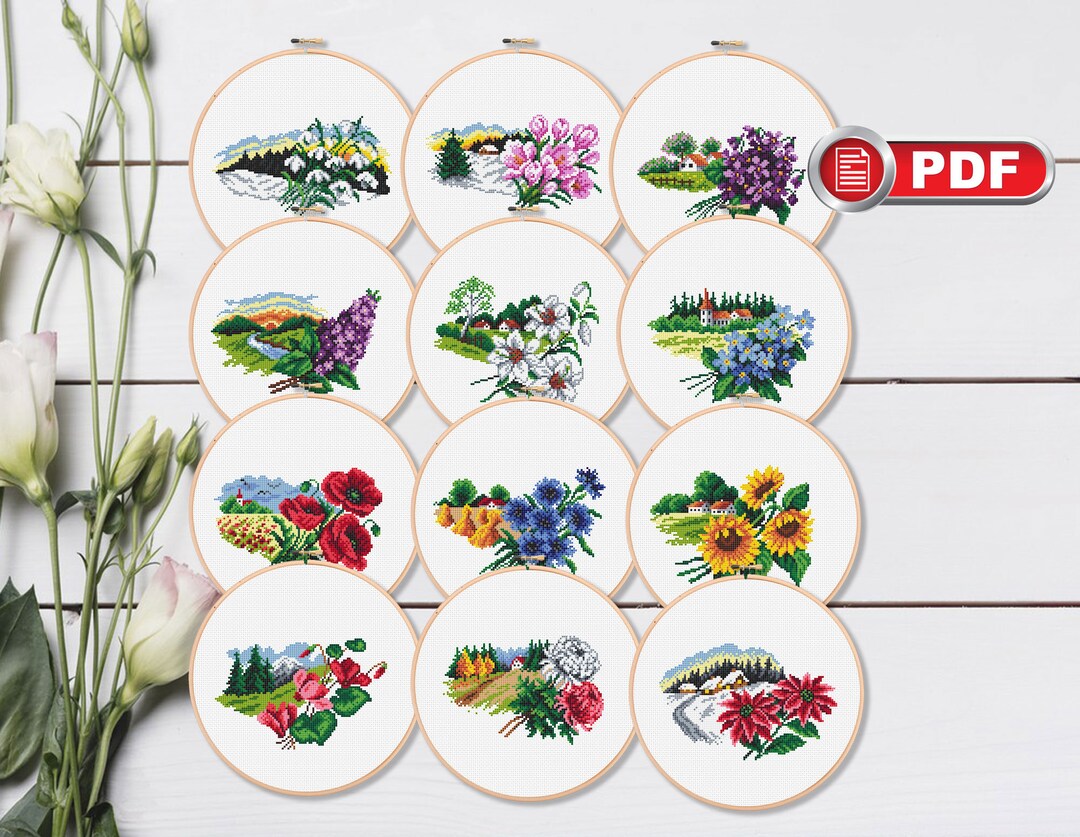 Set of 12 Flowers Four Seasons Cross Stitch Patterns, Flower Calendar Cross Stitch Pattern, Wildflowers Cross Stitch Pattern fl.128