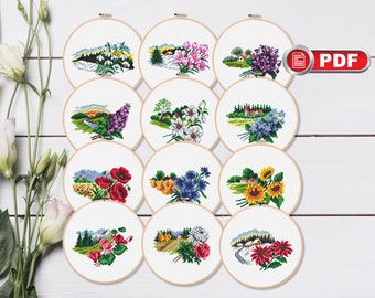 Set of 12 Flowers Four Seasons Cross Stitch Patterns, Flower Calendar Cross Stitch Pattern, Wildflowers Cross Stitch Pattern #fl.128