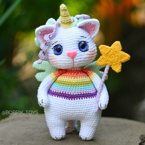 PATTERN: Crochet Unicorn-cat, Unicorn-cat toy, English crochet pattern cat, PDF file. image 1