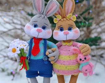 Pattern cute bunny, English crochet pattern hares, pdf
