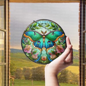 Luna Moth Glass Suncatcher, Butterfly window hangings for garden, House Decoration, Luna Moth Butterfly Decor, Gift For Mom, Garden Decor