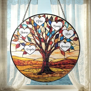 Tree of Life Names Glass Suncatcher, Family Tree Suncatcher, Anniversary Gifts, Custom Suncatcher with Kids Names, Gifts for Mom Dad Grandma