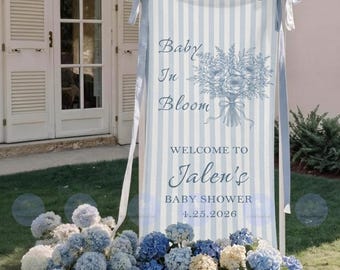 Letrero de bienvenida "Baby In Bloom" personalizado para baby shower, pancarta con temática floral azul y jardín, decoración personalizada para fiestas con nombre.