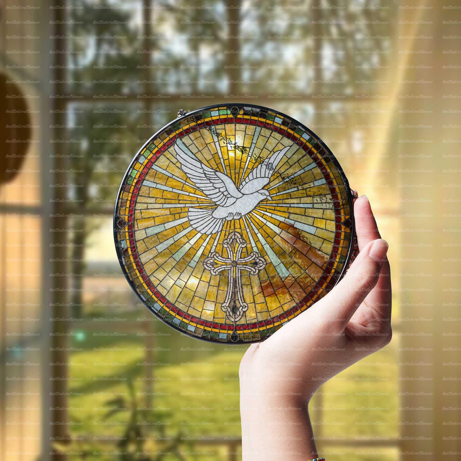 Holy Spirit Dove Suncatcher, Christian Cross and Radiant Sunburst Glass ...