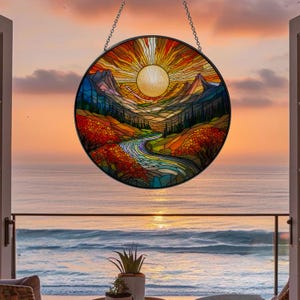 Mountain Range Suncatcher, Sunset Scenery Window hangings for garden, House Decoration, Housewarming Gift, Autumn Painted Stained Glass