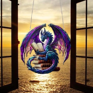 Fantasy Dragon Acrylic Window Hanging, Book Dragon Suncatcher Ornament, Dragon Wall Window Hanging Art Decoration, Bookish Home Decoration