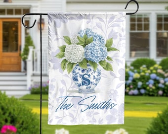 Personalized Garden Flag with Hydrangea Flowers – Custom Family Name Chinoiserie Vase Yard Sign – Outdoor Decor – Blue Floral Welcome Flag