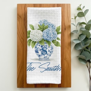 Custom Hydrangea Chinoiserie Vase Monogram Tea Dish Hand Kitchen Towel, Floral Kitchen Towel Decor Gift, Hostess Housewarming Gift, Bridal