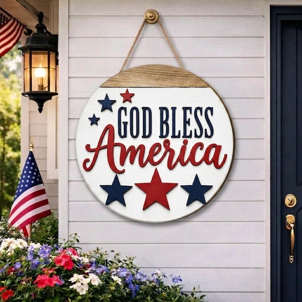 God Bless America Door Hanger, Rustic Americana Wall Decor, 4th of July Front Door Decor, Patriotic Porch Decor, 250th Anniversary Sign